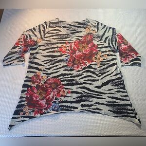Elegant Black and White Zebra Print Top with Red Floral Accents
